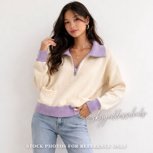 Papermoon Women M Pastel Half Zip Coquette Sweater Lavender Cream NWT